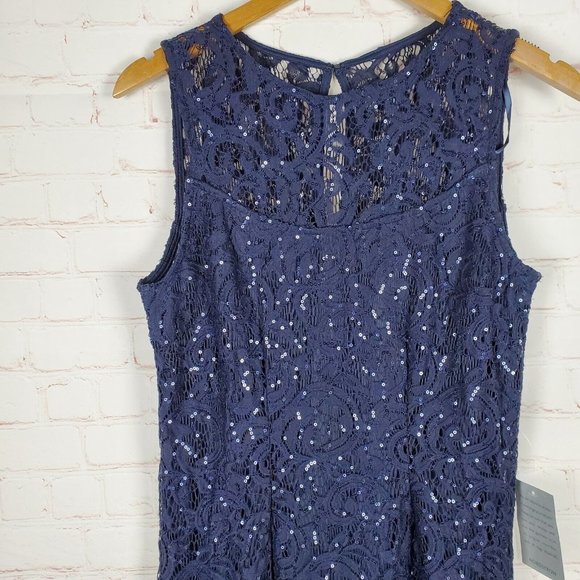 NEW MARINA Sequin Lace Gown Dress Sz 6 Navy Blue Sleeveless Sheath Keyhole Back - Picture 10 of 16